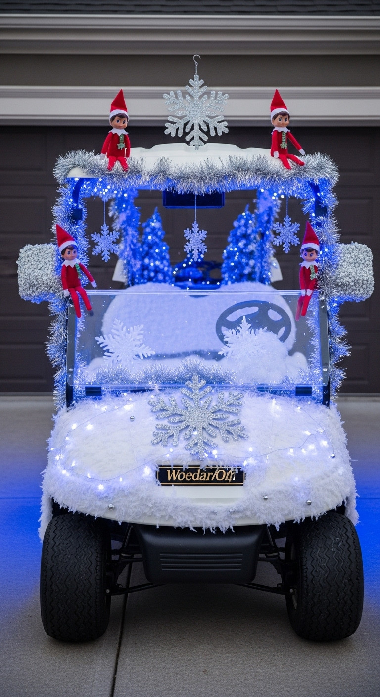 Winter Wonderland Elf Haven Golf Cart Covered In White Silver Decorations Artificial Snow And Blue Led Lights With Elf Dolls