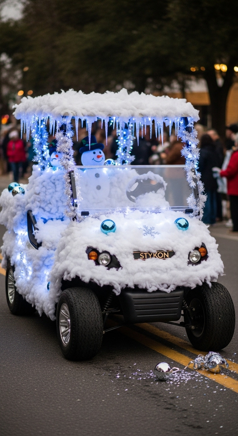 9 Dazzling Decorated Golf Cart Ideas For Christmas Parades Winter Wonderland Golf Cart With Cotton Snow Blue And White Fairy Lights And Faux Icicles For A Christmas Parade