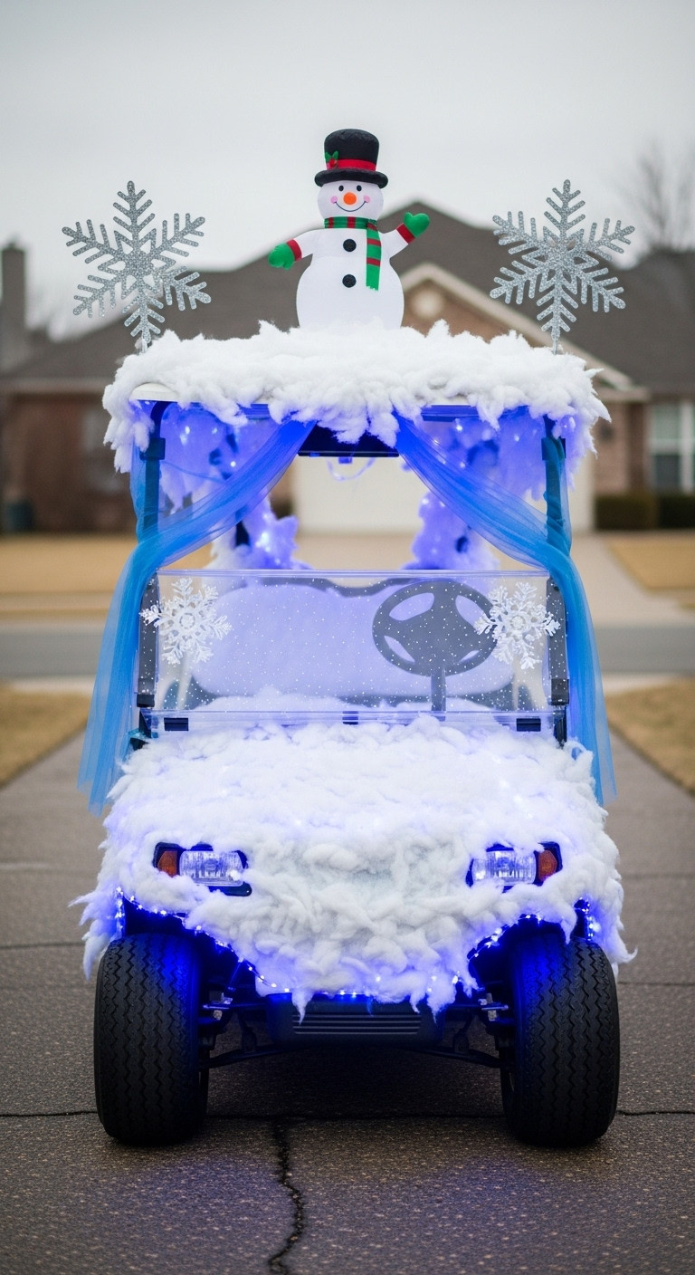 13 Stunning Golf Cart Decorating Ideas For Christmas Parades Winter Wonderland On Wheels Golf Cart Covered In White Snow Blue Fabric And Led Lights With Snowflake Ornaments And Snowman For Christmas Parade