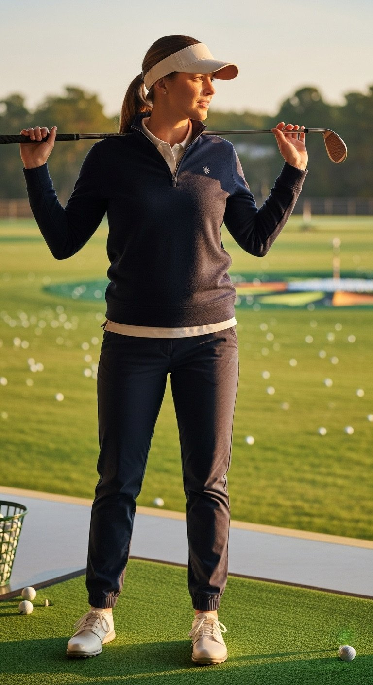 Woman At A Driving Range, Wearing A Navy Quarter-Zip Over White Polo And Golf Joggers, With A Club On Her Shoulder.