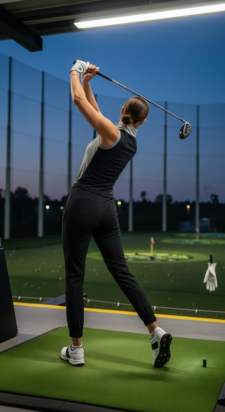 Woman At Driving Range, Finishing Swing In Black Golf Joggers, Grey Top, Black Vest, Showcasing Modern Athleisure Golf Fashion.