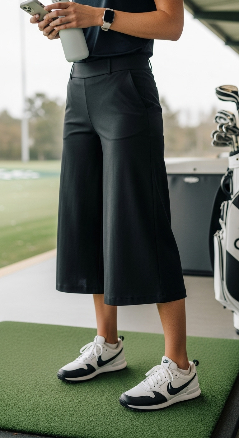 Woman At Driving Range Wearing Black Wide-Leg Golf Culottes And White-Black Golf Sneakers, Holding Phone And Water Bottle.