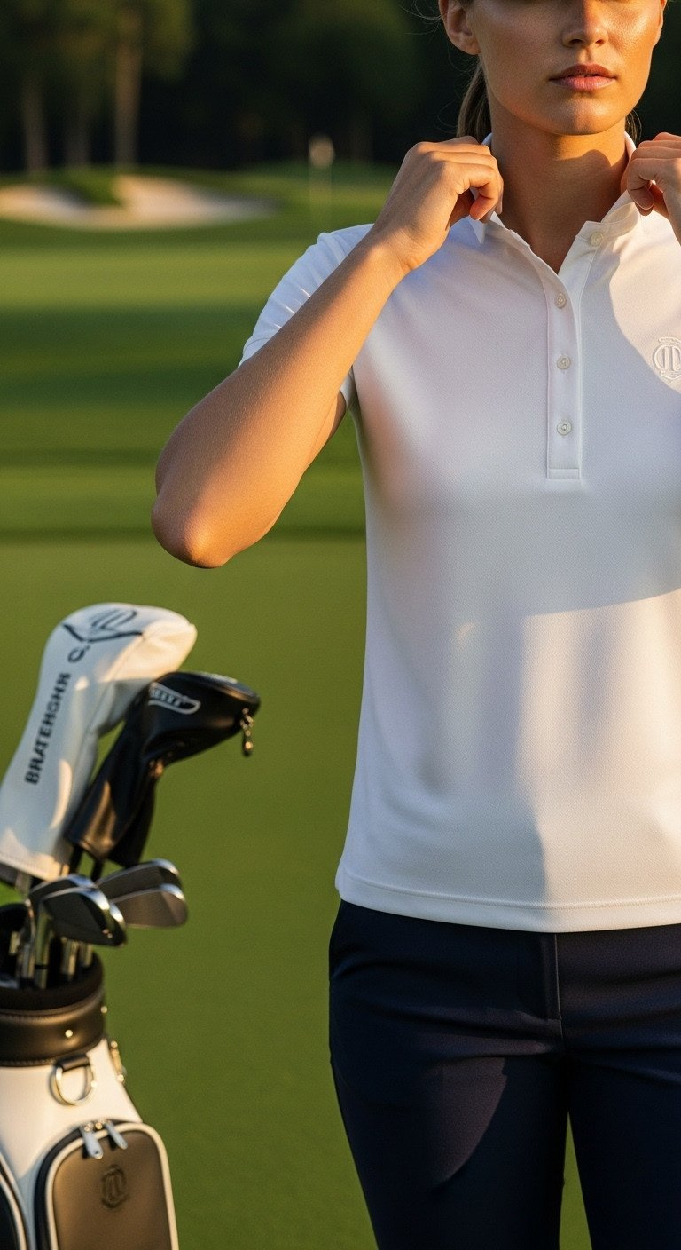 Woman Golfer Adjusting Collar Of Tailored White Golf Polo With Designer Details, Showcasing Luxury Fashion At Exclusive Country Club.
