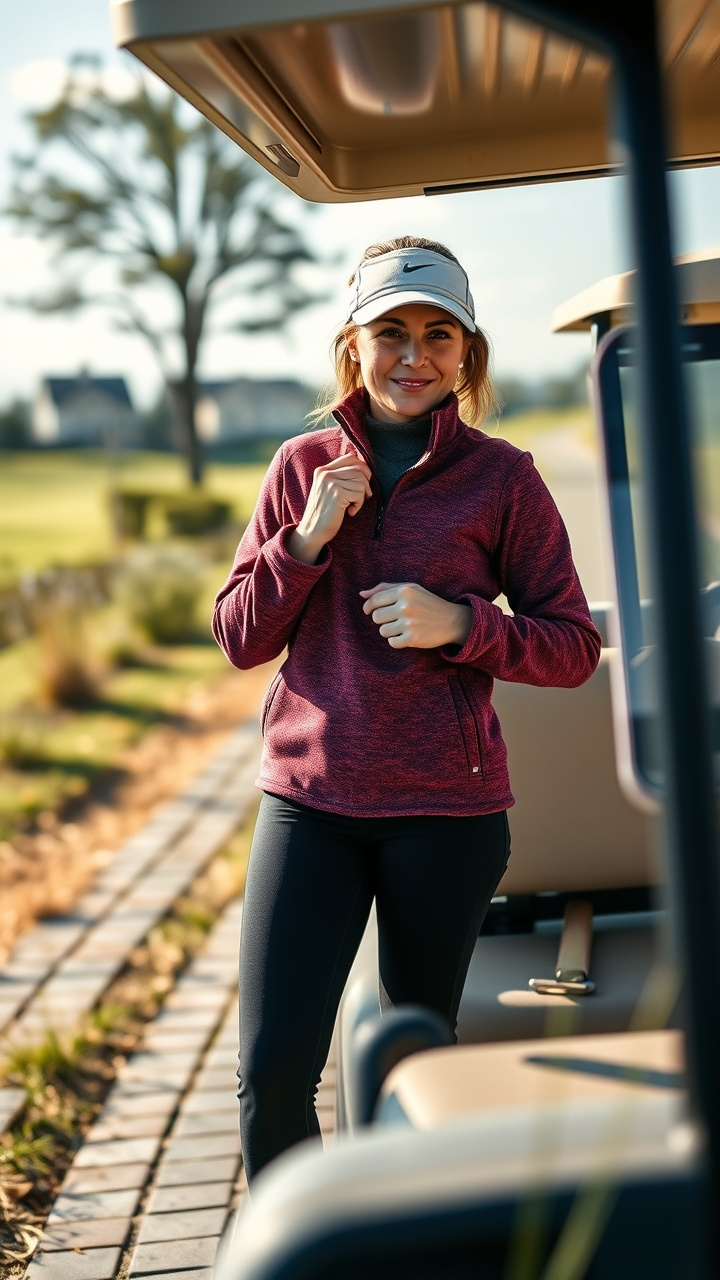 Cold Weather Golf Outfits For Women That Actually Work On The Course Woman Golfer In A Navy Thermal Mock-Neck Base Layer, Showcasing Athletic Fit And Flexibility On A Dew-Covered Golf Course.