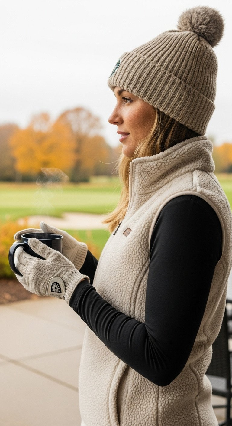 Woman Golfer In Cozy Cream Fleece Vest, Black Thermal Top, Holding A Steaming Mug. Autumn Golf Fashion With Fall Foliage.