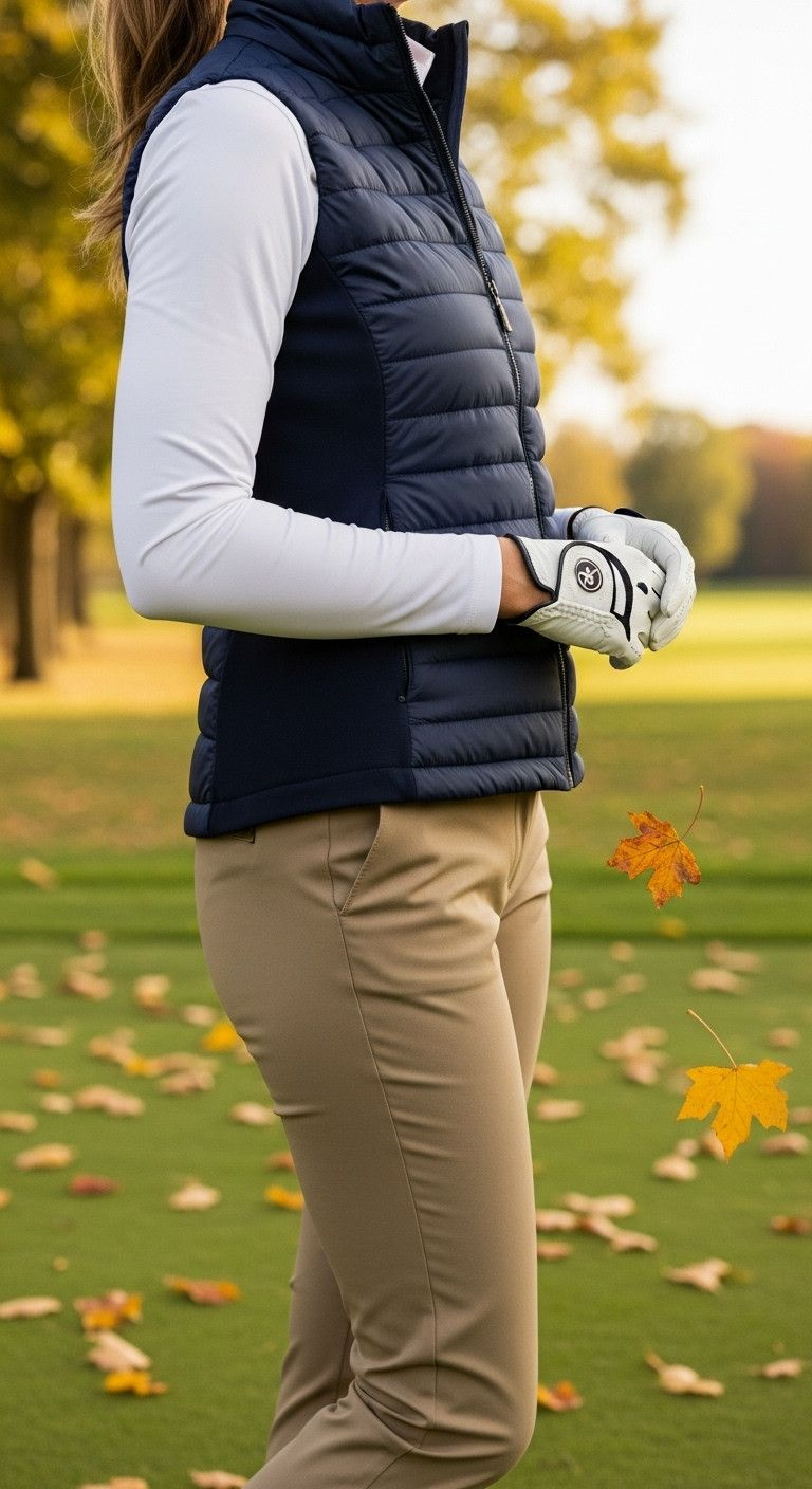 Woman Golfer In Layered Autumn Outfit: White Base, Navy Vest, Khaki Pants, Golf Glove, On Fall Course.