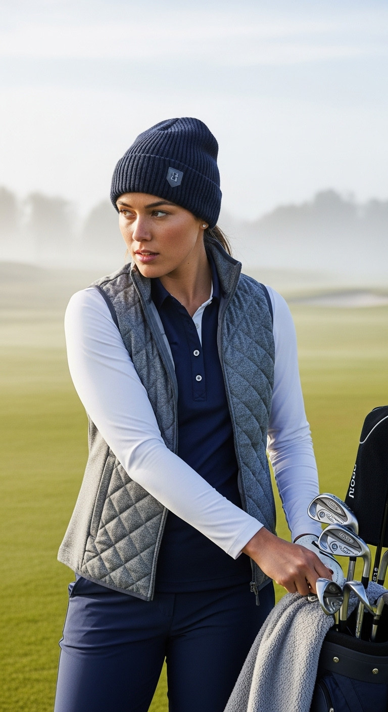 Woman Golfer In Layered Cool-Weather Outfit: White Base, Navy Polo, Gray Vest, Pulling Club. Spring Golf Fashion.