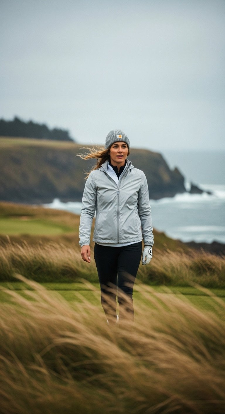 Woman Golfer In Silver-Grey Windbreaker, Black Leggings, Beanie On Windswept Coastal Course With Ocean Cliff.