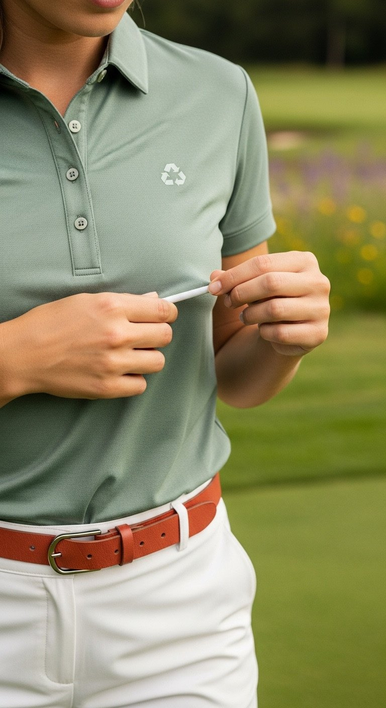 Woman Golfer Touching Sage Green Eco-Friendly Golf Polo, Holding Recycled Tee, In Natural Setting, Emphasizing Sustainable Fabric Texture.