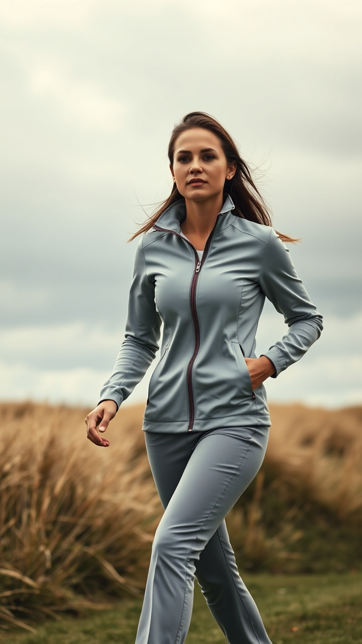 Cold Weather Golf Outfits For Women That Actually Work On The Course Woman Golfer Zips A Burgundy Athletic-Fit Quarter-Zip Fleece Mid-Layer, Ready For An Autumn Golf Round Near Her Cart.