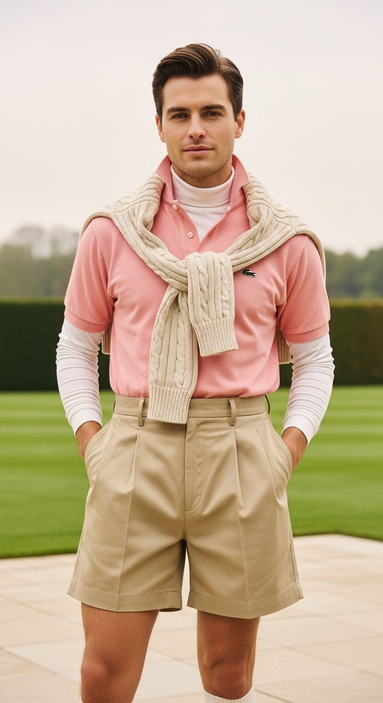 Woman In 1980S Preppy Golf Outfit: Pink Polo, White Turtleneck, Khaki Shorts, Cable Knit Sweater, Slouch Socks On Patio.