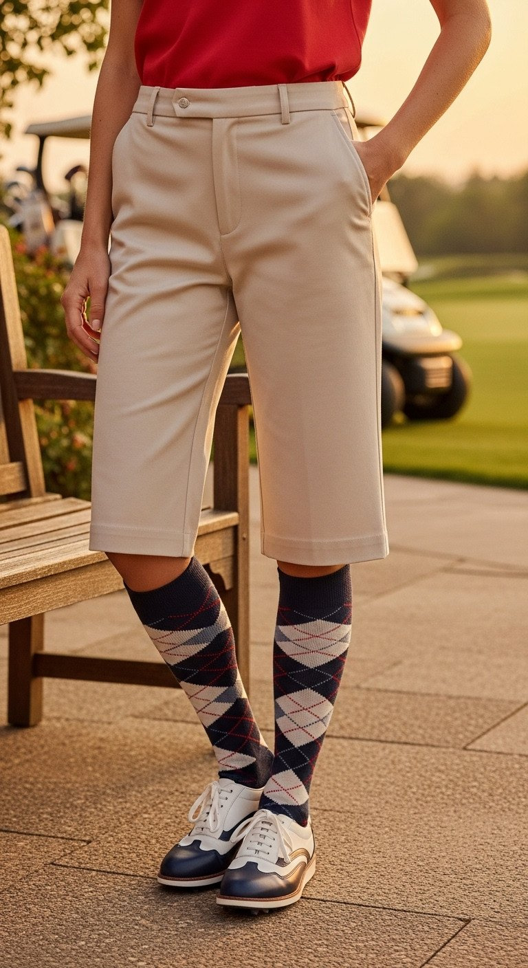 Woman In 80S Golf Attire: Light Beige Knickers, Tall Argyle Socks, Red Polo, Vintage Golf Shoes On A Clubhouse Bench.
