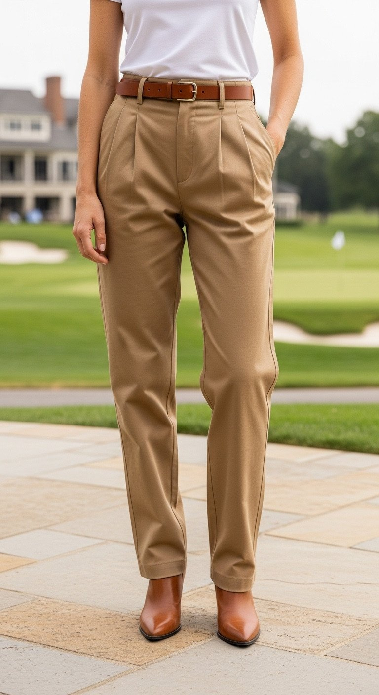 Woman In 90S High-Waisted Pleated Khaki Trousers With Belt. Stone Patio Overlooking Golf Course. Country Club Elegance.