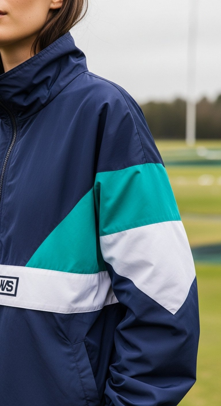 Woman In 90S-Style Color-Blocked Windbreaker: Navy Blue, Teal, White, Half-Zip, Relaxed Fit. Dynamic Look On A Driving Range.