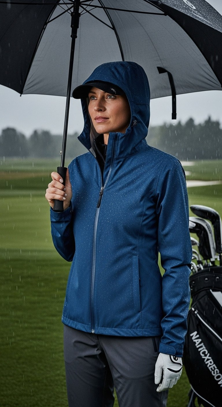 Woman In A Navy Waterproof Rain Jacket, Dark Gray Golf Pants, Under An Umbrella On A Wet, Moody Golf Course.