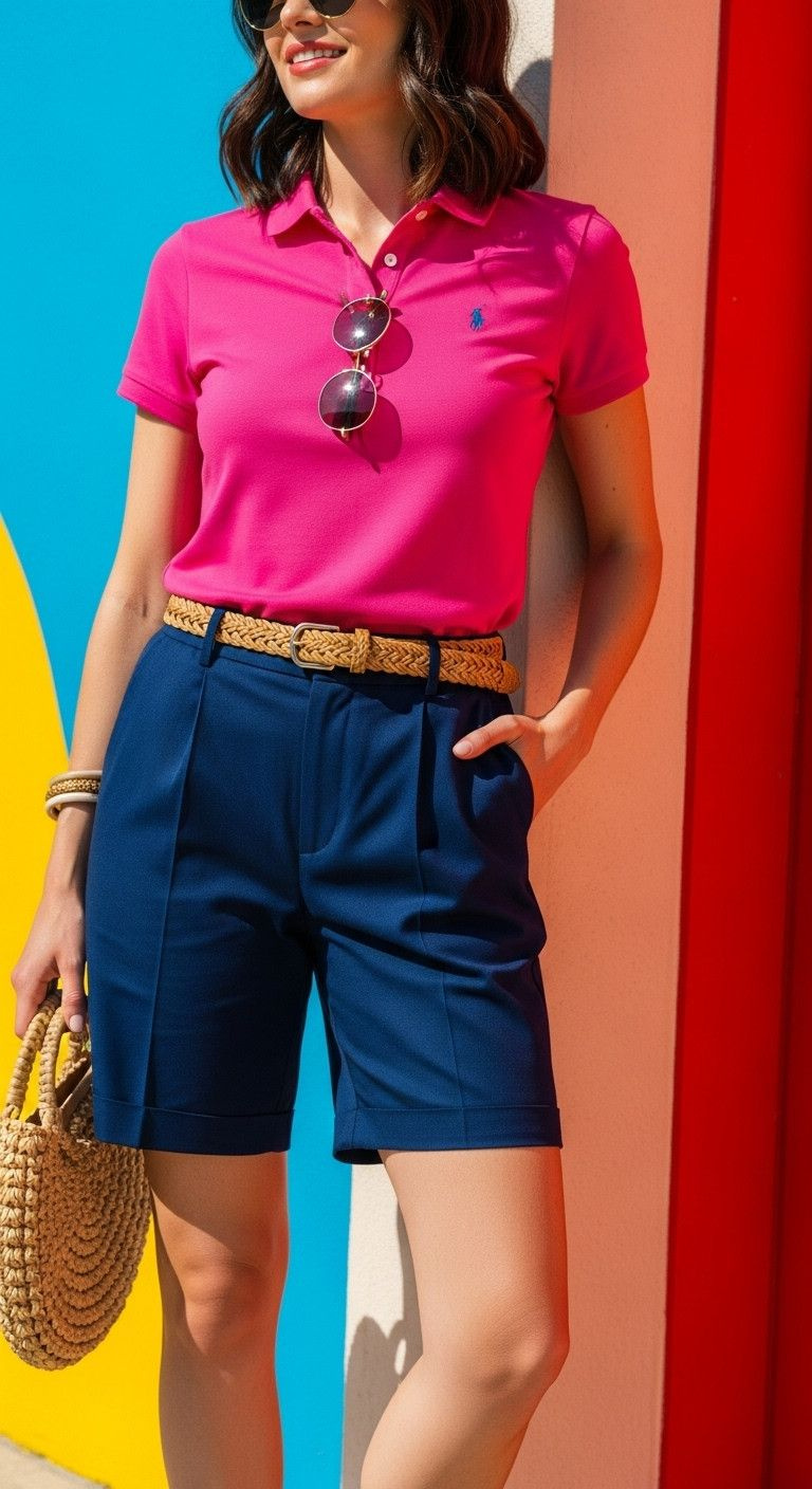 13 Golf Party Outfit Ideas From Chic To Downright Fun Woman In Bold Preppy Color-Block Outfit: Bright Pink Polo, Navy Bermuda Shorts, Woven Belt, Aviator Sunglasses.
