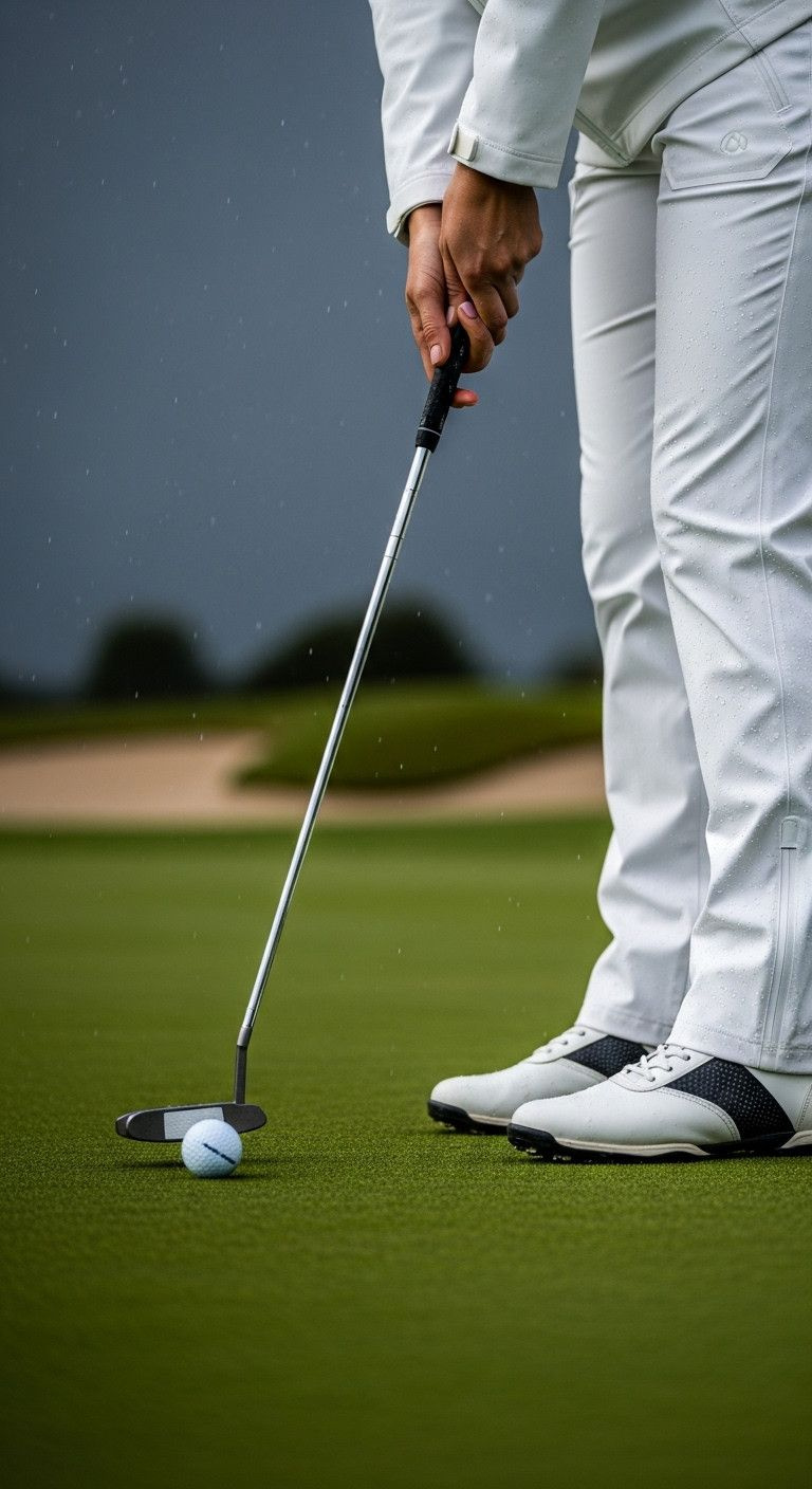 11 Genius Golf Outfits For Women To Stay Warm And Stylish Woman In Bright White Waterproof Rain Pants Putting On A Rain-Slicked Green With Water Droplets, Stormy Sky Background.