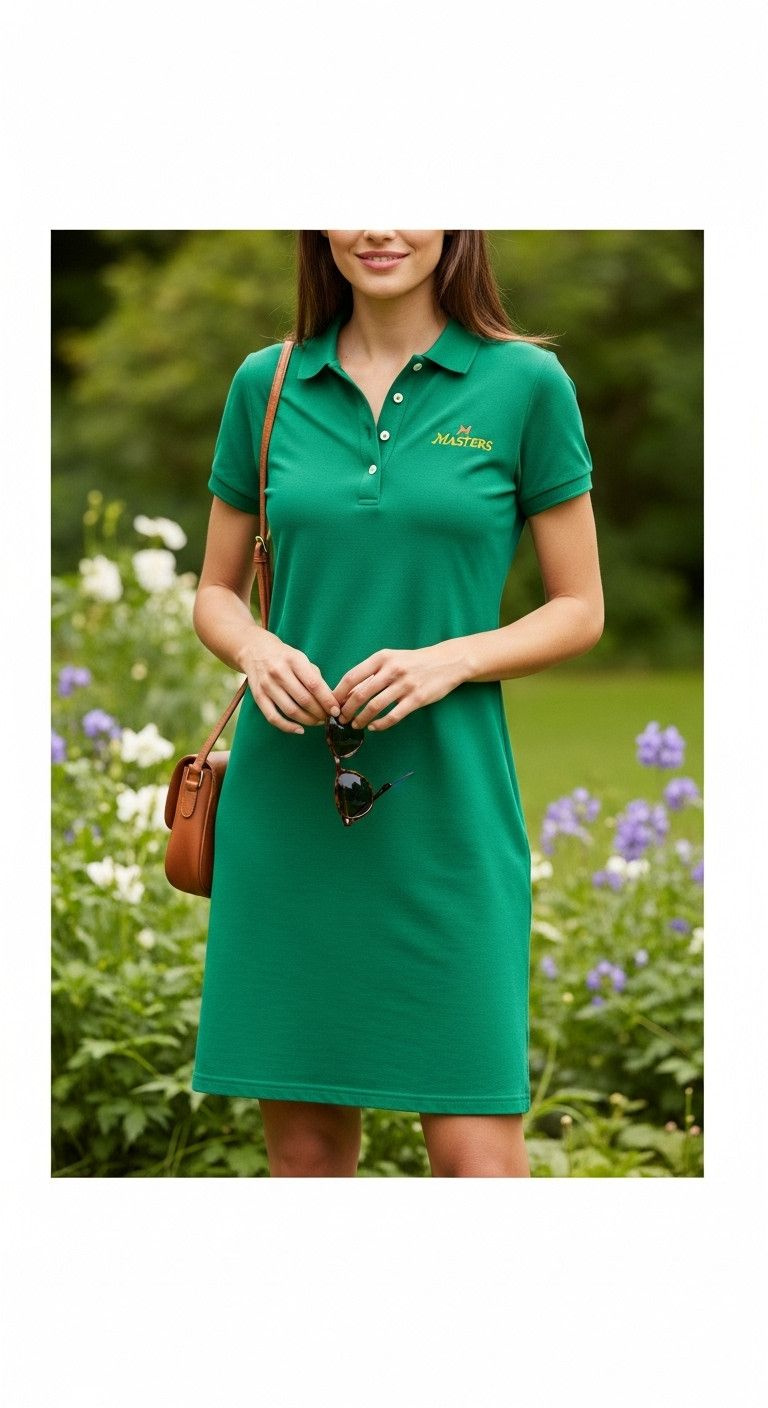 13 Golf Party Outfit Ideas From Chic To Downright Fun Woman In Chic Masters Green Cotton Pique Polo Dress With Sunglasses And Leather Bag In A Lush Garden, Perfect For A Sophisticated Garden Party.