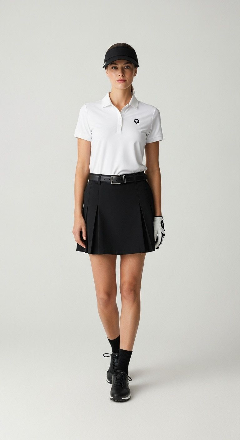 13 Golf Party Outfit Ideas From Chic To Downright Fun Woman In Chic Black And White Golf Outfit: Pleated Skort, Crisp White Polo, Black Leather Belt And Visor.