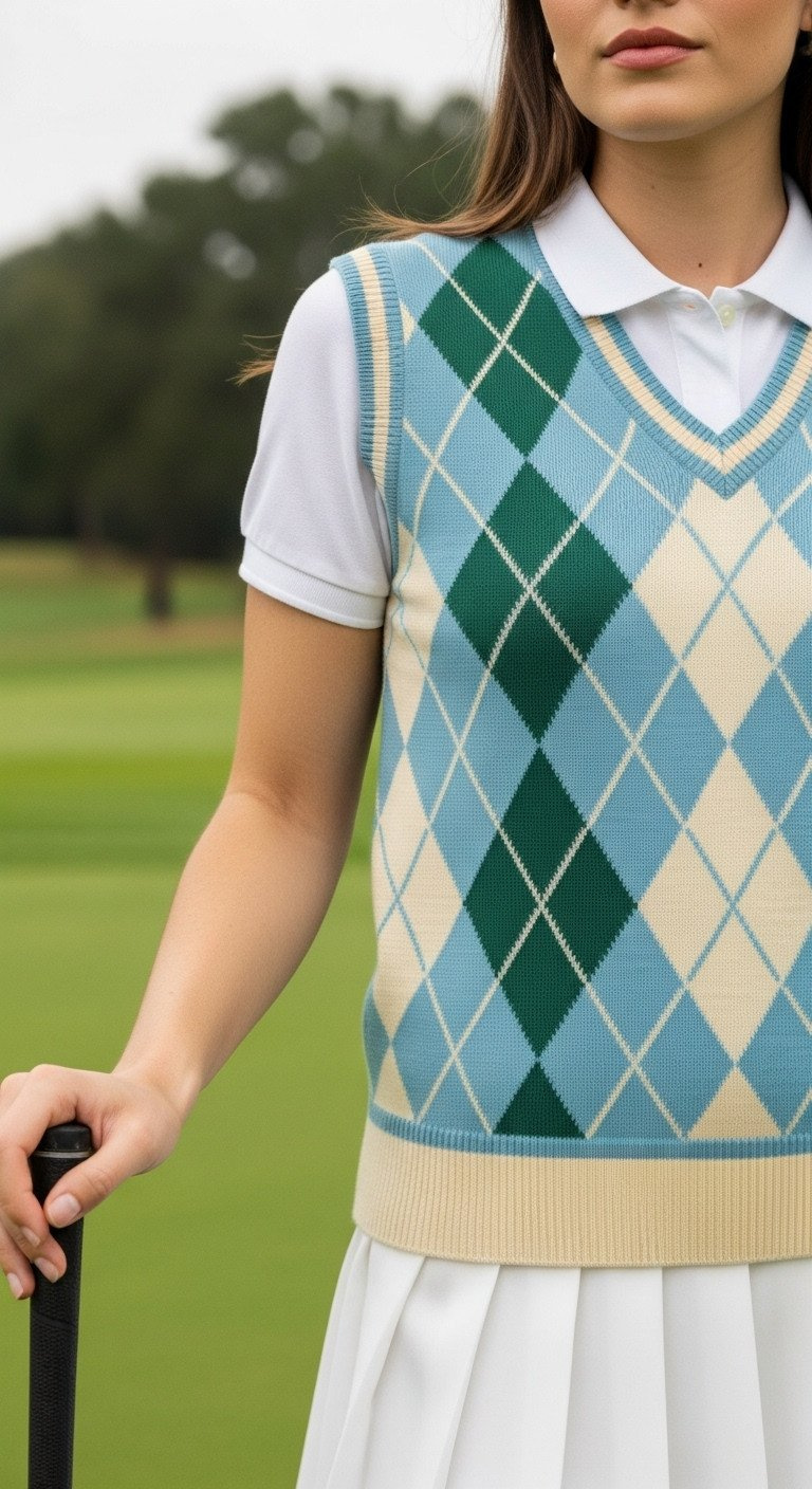 Woman In Classic 80S Preppy Golf Attire: White Polo, Pastel Argyle Sweater Vest, Pleated Skirt, Vintage Club On Green.