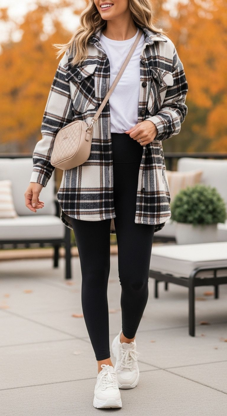 11 Cute Topgolf Outfits For Any Season Or Occasion Woman In Comfortable Fall Outfit: Black Leggings, White T-Shirt, Plaid Shacket, Crossbody Bag, And Chunky White Sneakers.