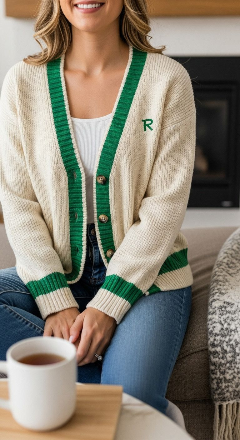 13 Golf Party Outfit Ideas From Chic To Downright Fun Woman In Cozy Fall Golf Outfit: Cream Cardigan With Green Tipping, White Tank, Jeans, Tea, Blanket By Fireplace.