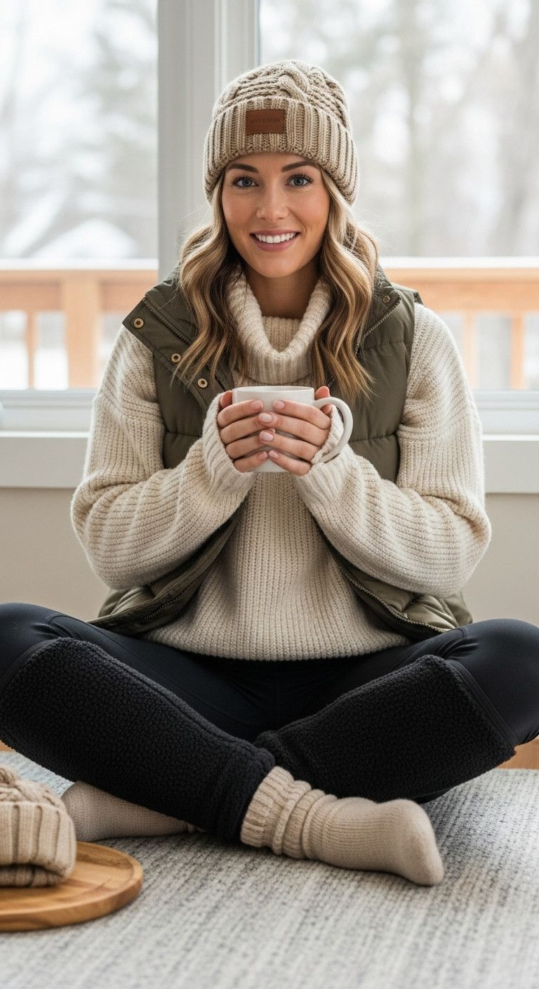 11 Cute Topgolf Outfits For Any Season Or Occasion Woman In Cozy Winter Outfit: Black Fleece Leggings, Cream Turtleneck, Olive Puffer Vest, Knit Beanie, Holding A Warm Mug.