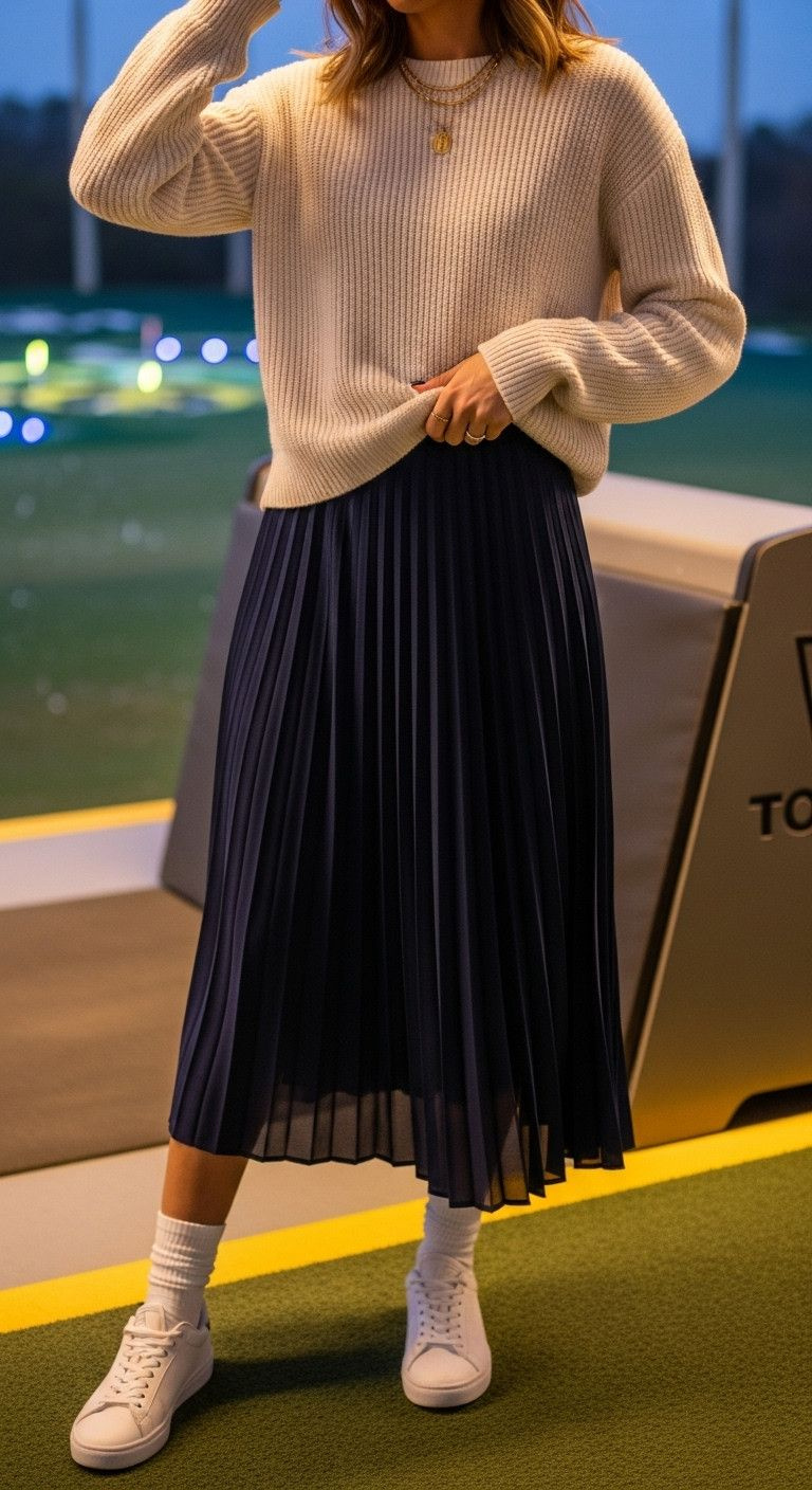 Woman In Cream Knit Sweater, Navy Pleated Skirt, White Sneakers At Top Golf Bay At Dusk. Chic, Transitional Style.