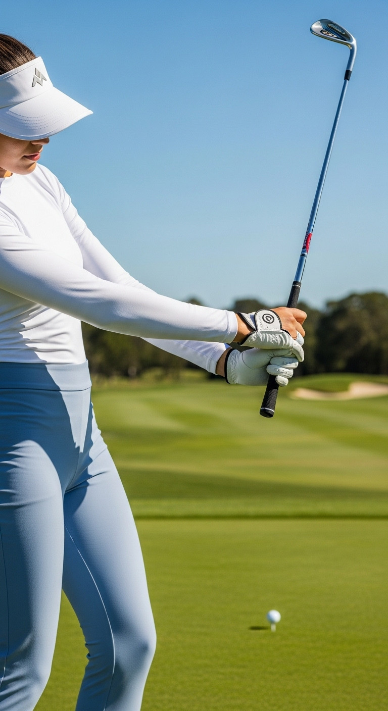 Woman In Form-Fitting Uv Protective Long-Sleeve Golf Base Layer Performing Swing On Green Course, Sun Protection.