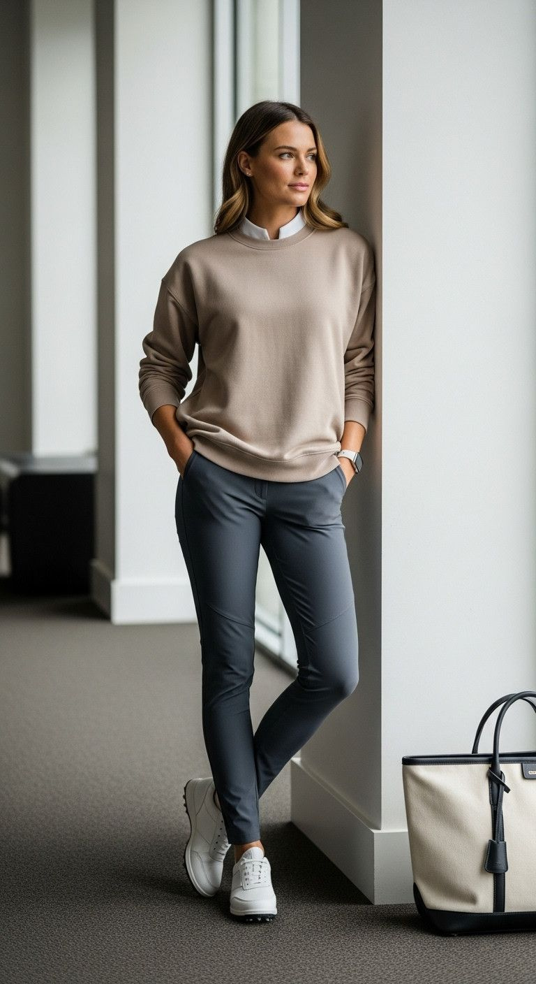 How To Wear Leggings For Golf And Look Perfectly Stylish Woman In Gray Golf Leggings, Beige Sweatshirt, White Golf Shoes, And Tote Bag In A Modern Clubhouse.