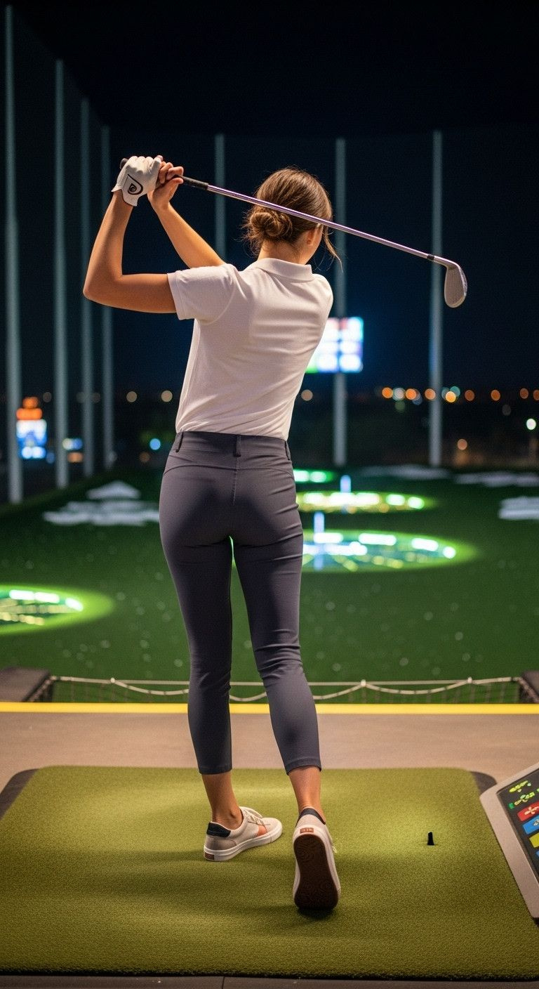 Woman In Grey Stretch Pants, White Polo, Mid-Swing At Topgolf Bay At Night With Illuminated Targets.