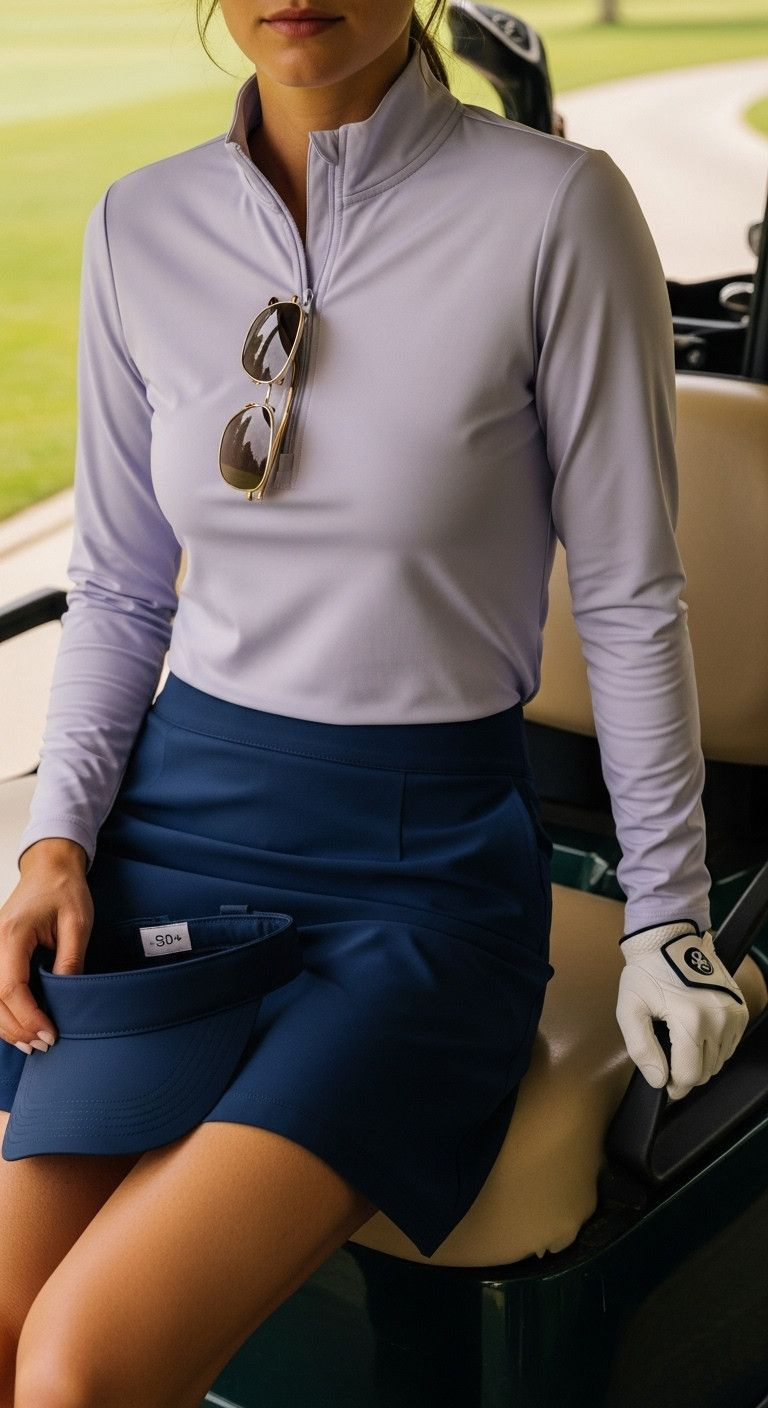 Woman In Lavender Upf Sun Shirt, Navy Skort, Sunglasses, Visor, Sitting On Golf Cart By Course.