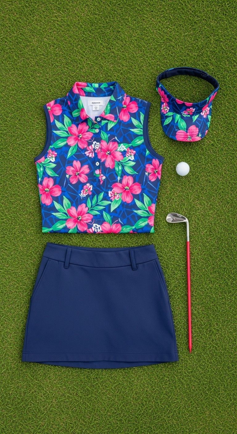 11 Genius Golf Outfits For Women To Look Stylish Anywhere Woman In Lavender Sun Shirt, White Golf Skort, Straw Hat, Sunglasses On Shady Fairway. Sun-Safe Golf.