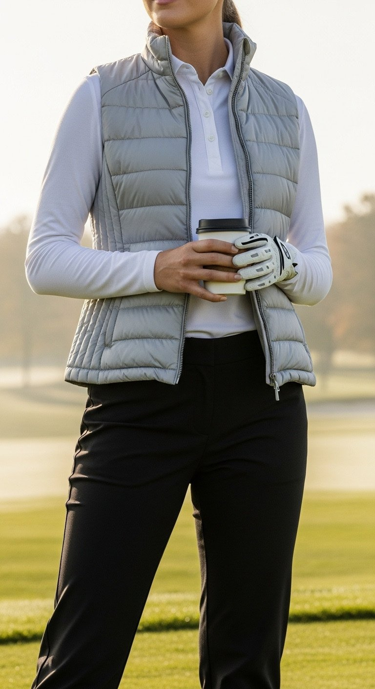Woman In Layered Cool Weather Golf Outfit: Grey Puffer Vest, White Polo, Black Pants, Holding Coffee On Autumn Course.