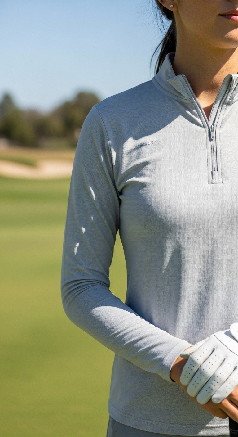 A Complete Guide To Chic Modest Golf Outfits For Women Woman In Light Grey Upf 50+ Quarter-Zip Sun Shirt, White Golf Glove On Sunny Green Golf Course Fairway. Active Golf Style.