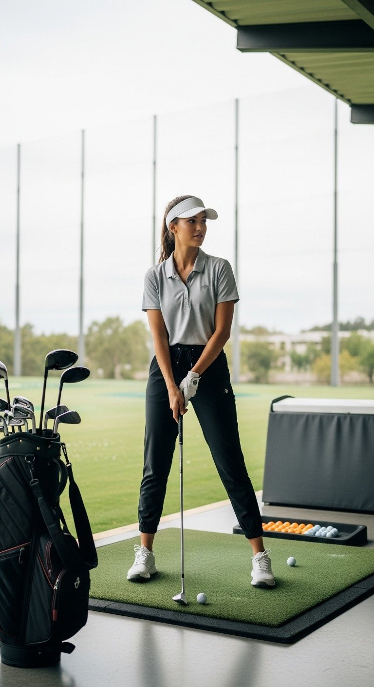 13 Chic Golf Outfit Ideas To Look Stylish On The Course Woman In Modern Athleisure Golf Outfit: Black Joggers, Gray Polo, At Driving Range With Golf Bag And Balls.