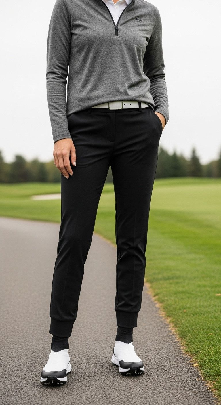 Woman In Modern Black Jogger Golf Pants, Grey Quarter-Zip, Spikeless Shoes, On Cart Path By Green.