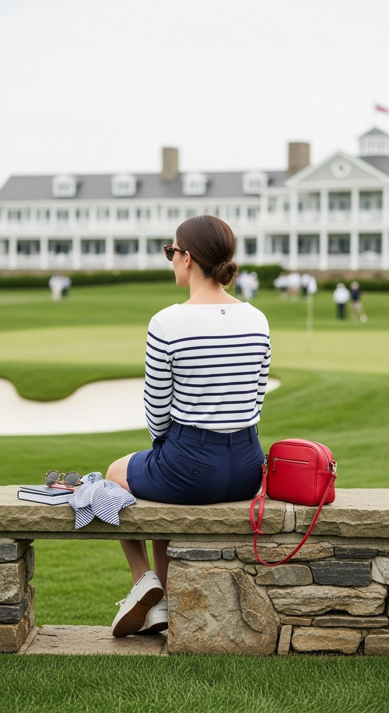 Woman In Navy Chino Shorts, Striped Boatneck Top, Boat Shoes, Sunglasses, Sitting On Stone Wall Overlooking Golf Course.