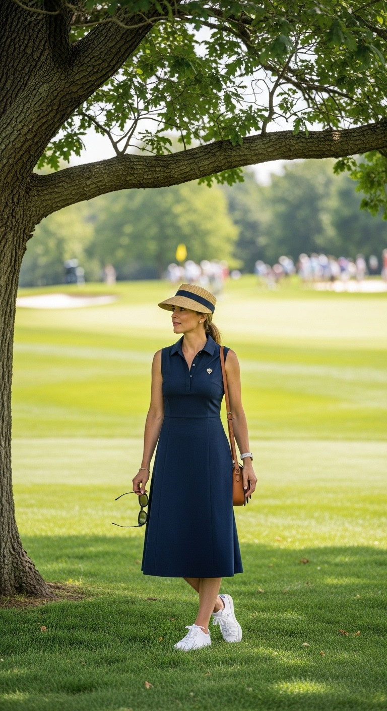 Woman In Navy Golf Sundress White Sneakers Straw Visor Watching A Tournament On A Sunny Golf Course Holding Sunglasses And A Crossbody Bag