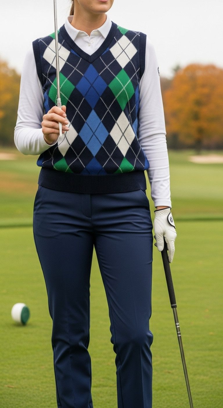 11 Genius Golf Outfits For Women To Look Stylish Anywhere Woman In Navy, Green, White Argyle Sweater Vest, White Shirt, Navy Golf Pants On Autumn Course. Fall Golf Style.
