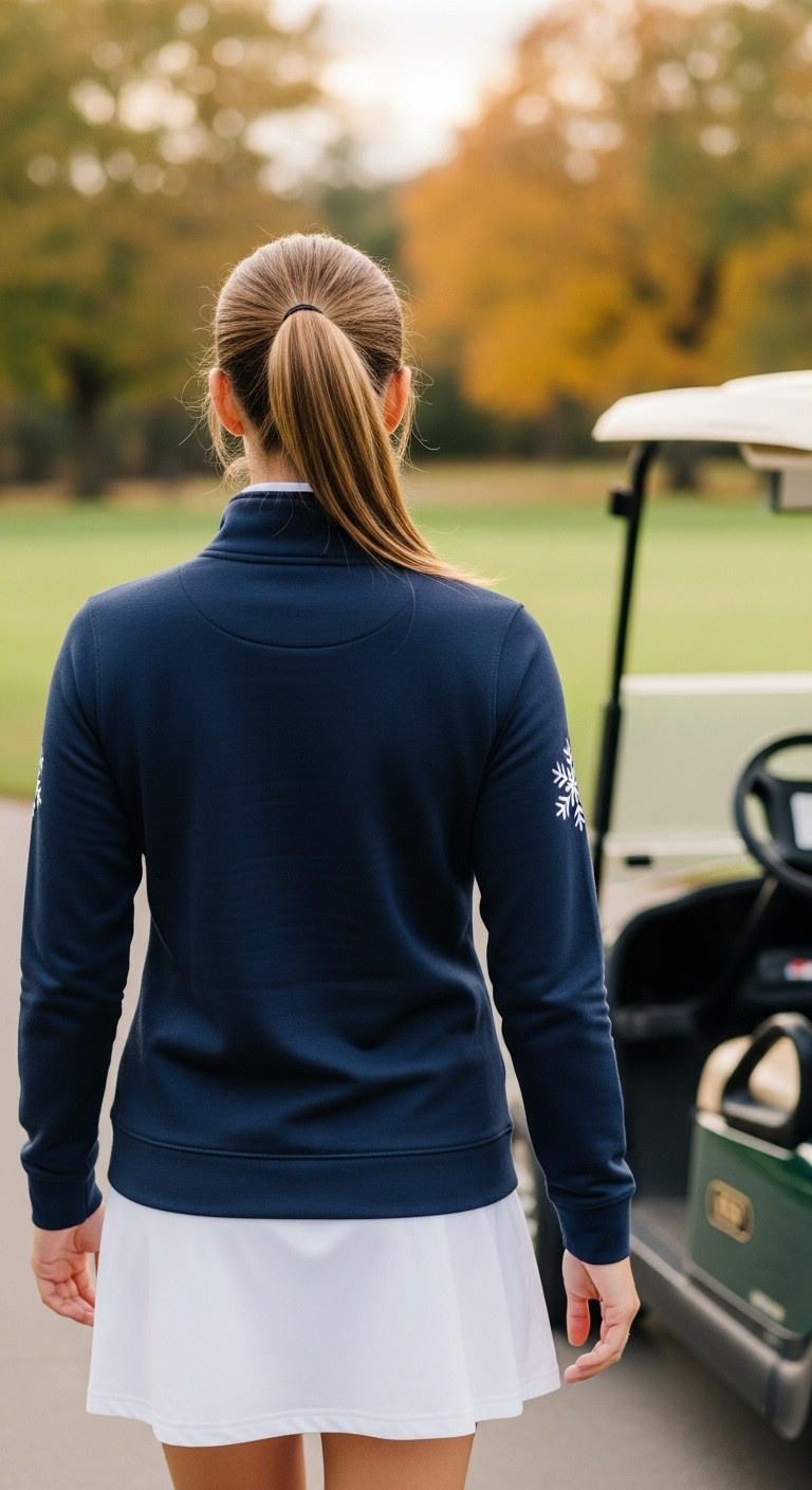 Woman In Navy Half-Zip Golf Sweatshirt With Snowflake Walking Towards A Golf Cart In Golden Hour Light