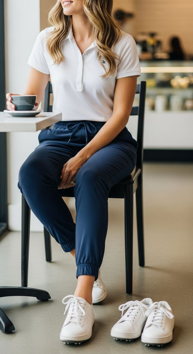 Woman In Navy Jogger Golf Pants, White Polo, Holding Coffee Cup At Cafe Table With White Sneakers. Relaxed Post-Golf Attire.