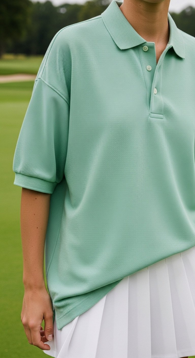 Woman In Oversized Pastel Mint Green Pique Cotton Polo Shirt, 90S Style, Tucked Into A White Pleated Skort. Golf Course Background. Preppy Look.