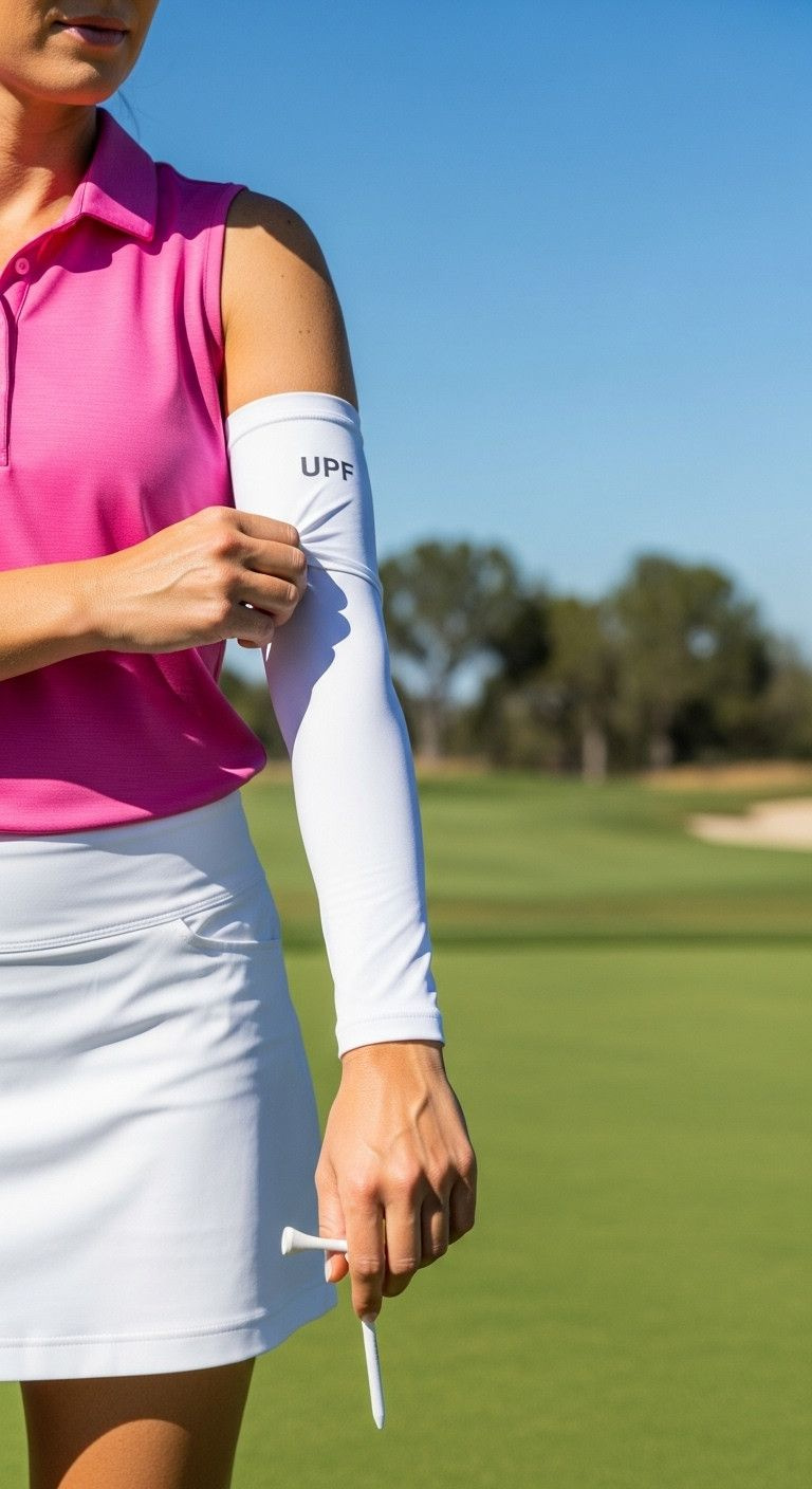 11 Genius Golf Outfits For Women To Stay Warm And Stylish Woman In Pink Polo, White Golf Skort, Pulling On A White Upf Sun Sleeve On A Sunny Tee Box With Blue Sky.