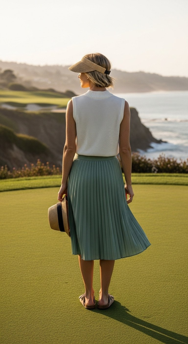 A Complete Guide To Chic Modest Golf Outfits For Women Woman In Sage Green Pleated Midi Golf Skirt, White Top, Straw Visor, On Scenic Coastal Golf Course Overlooking Ocean.