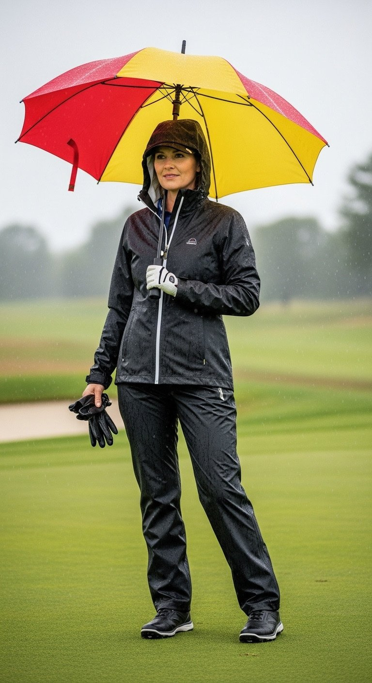 13 Chic Golf Outfit Ideas To Look Stylish On The Course Woman In Sleek Black Waterproof Golf Rain Gear With Bright Umbrella On A Misty, Rain-Swept Golf Course.