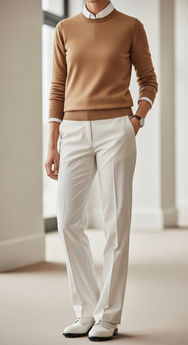 Woman In Sophisticated Golf Outfit: Camel Merino Sweater Over White Shirt, Cream Trousers, Luxury Clubhouse Setting.