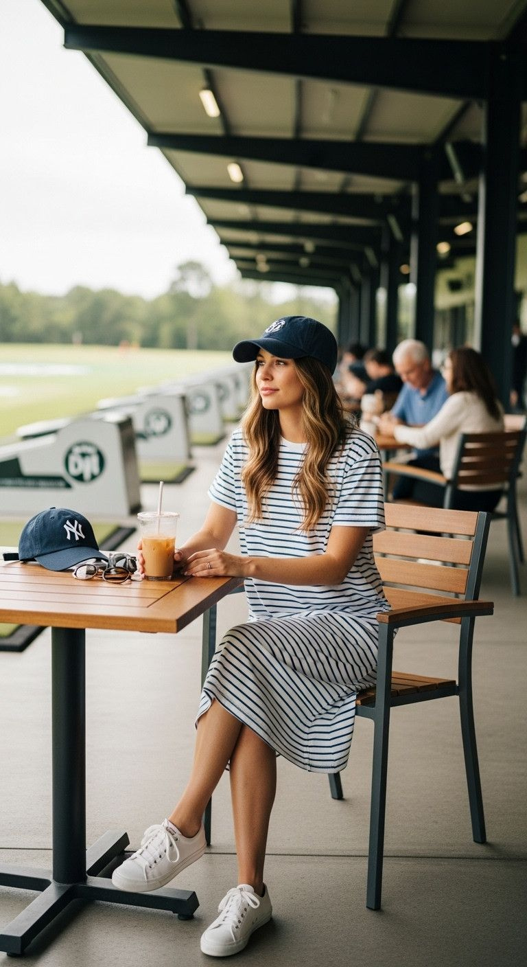Woman In Striped T-Shirt Dress, Baseball Cap, Sneakers, With Iced Coffee At An Outdoor Driving Range Cafe. Casual.
