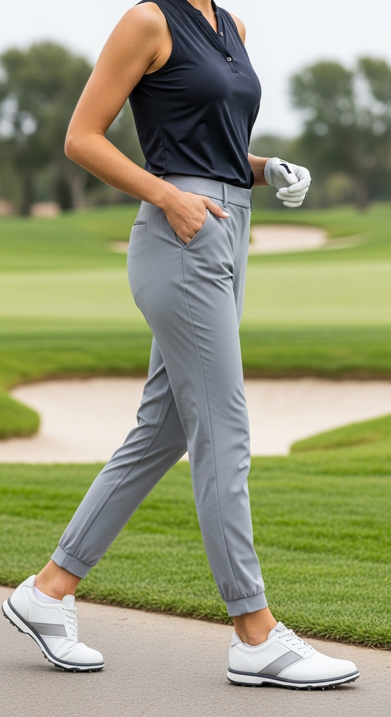Woman In Stylish Grey Golf Joggers, Tapered Fit, Cuffed Ankles, Active Pose On A Course Pathway. Modern, Comfortable Women'S Golf Pants.