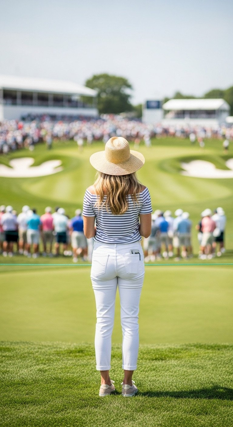 13 Chic Golf Outfit Ideas To Look Stylish On The Course Woman In Stylish Spectator Outfit: White Pants, Striped Top, Straw Hat, Watching Golf Tournament With Binoculars.